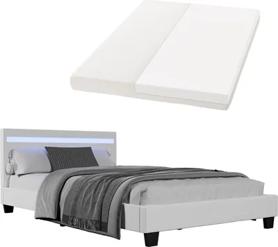 Produktbild von Juskys Polsterbett Verona - 120x200 cm - Bettgestell inkl. LED-Beleuchtung, Lattenrost & Matratze - weiß - Kunstleder - Einzelbett Jugendbett