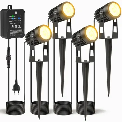 Immagine prodotto di 4 luci da giardino con trasformatore, sensore crepuscolare da 11,4 metri, dimmerabili, temperatura di colore 2700K