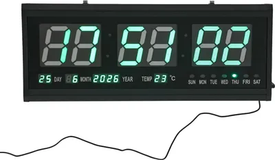 Image de Grande horloge murale/de bureau numérique à LED, 220V, 48×19 cm, chiffres verts, heure/température/date/jour de la semaine, variateur automatique, silencieuse
