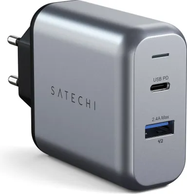 Image de Satechi 2-port Chargeur Mural – Indicateur Lumineux LED – Design Compact pour Voyages – Port USB-C PD à 18W et Port USB-A à 12W