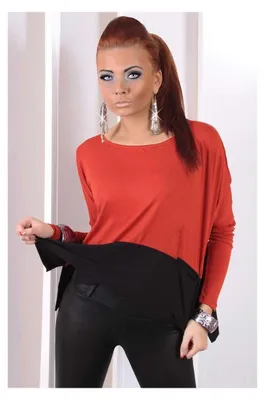 Produktbild von Damen Longshirt langarm lockerer schnitt Gr. S/M; Ziegelrot/Schwarz