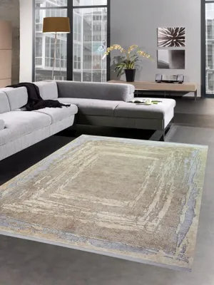 Produktbild von Wollteppich Luxus Designerteppich Teppich abstrakt mit Naturfasern beige grau Größe - 80 x 300 cm