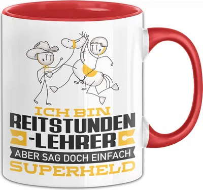 Produktbild von Reitstundenlehrer Geschenk Tasse Ich Bin Reitstundenlehrer Aber Sag Doch Einfach Superheld Lustige Geschenkdiee für Reitstundenlehrer Kaffee-Becher (Rot)