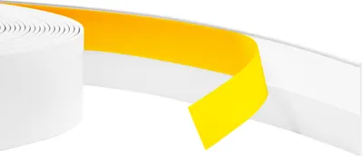 A roll of white self-adhesive trim with a yellow protective strip being peeled back.
