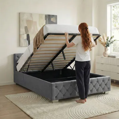 Produktbild von Polsterbett NURI 140x200 cm mit Bettkasten, Dunkelgrau - Bett 140x200 mit hydraulischem Stauraum, inkl. Lattenrost, Modernes Design mit gestepptem Kopfteil und Samtbezug, bequem für Schlafzimmer