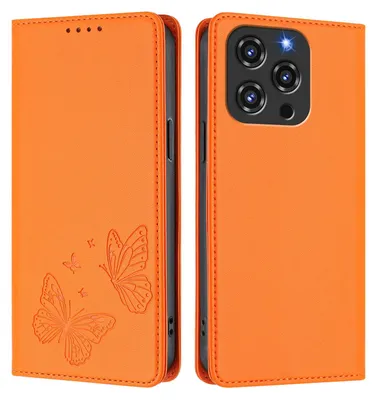 Image de Étui en cuir pour Oukitel C3 2025, étui de protection type portefeuille en cuir gaufré motif papillon avec support, couleur orange