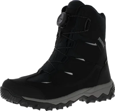 A black winter boot with a gray sole.
