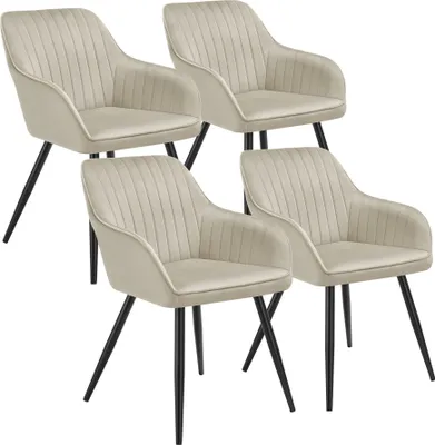 A set of four beige dining chairs with black legs, arranged in a grid formation against a white background.