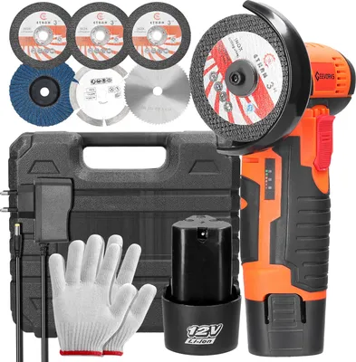 Produktbild von Mini Winkelschleifer, 12V Akku-Winkelschleifer mit 2 × 2000Mah Batterien, 4 Trennscheiben, 2 Metallschneidräder, 1 Schleifscheibe, 1 Ladegerät