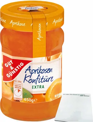 Produktbild von Gut & Günstig Aprikosen Konfitüre extra mit vollem Aprikosen-Aroma und 50% Frucht (450g Glas) + usy Block