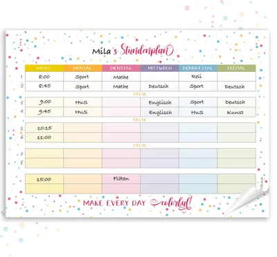 Produktbild von Dots Stundenplan 1. Klasse A4 Block - 25 Seiten, Einschulungsgeschenk Füllung Schultüte Mädchen u. Jungen, Stundenplan Papier Bunt