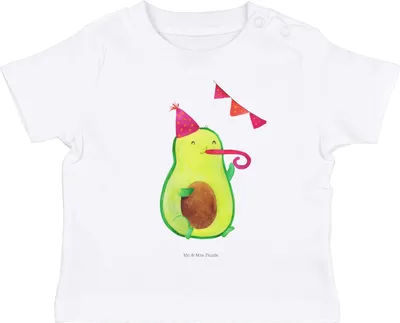 Produktbild von Mr. & Mrs. Panda Organic Baby Shirt Avocado Geburtstag 6. - 12. Monat - Weiß - Geschenk, Party, Kinder Oberteil, Frucht, Baumwollshirt, Babyshirt, Feier, Kurzarmshirt