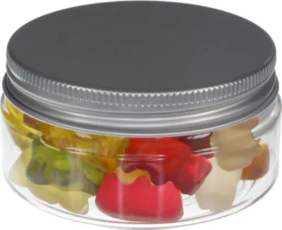 Immagine prodotto di barattolo in PET da 100 ml, trasparente, con coperchio in alluminio, piatto, 20 pezzi