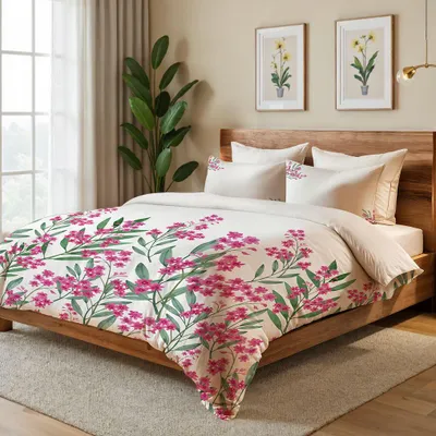 Produktbild von L'Essentiel Linge de Maison, XXL Bettwäsche Set (1 Stück), 155 x 220 cm, 70% Baumwolle / 30% Polyester, Maschinenwaschbar, mit Knopf- und Umschlagverschluss, Creme, Grün & Pink, Elegantes Design.
