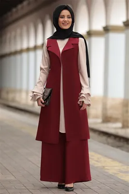 Produktbild von Abendkleid Zweiteilges Outfit Jäckchen & Hose Lang Hijab Bordeaux 38 Tesettür S-981