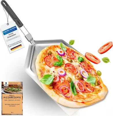 Produktbild von Pizzaschieber Edelstahl - Extra große Schaufel (33 x 38 cm) - Premium Pizzaschaufel mit extrem stabiler Form und praktisch faltbarem Griff - Pizzahebe