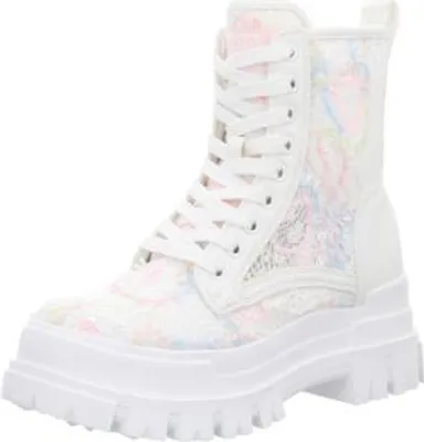 A white lace boot with a platform sole and colorful floral pattern.