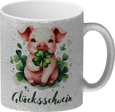 Produktbild von Glücksschwein mit Kleeblatt Glitzer-Kaffeebecher