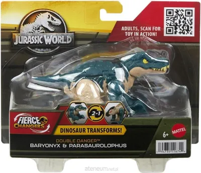 A toy dinosaur in its packaging, with promotional text and graphics.