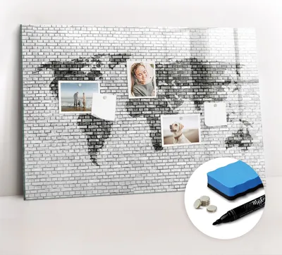 Produktbild von Magnetpinnwand Memoboard - Zubehörsatz - Schwarzer Marker + Schwamm + Magnete - 90 x 60 cm - Weltkarte aus Backsteinmauern