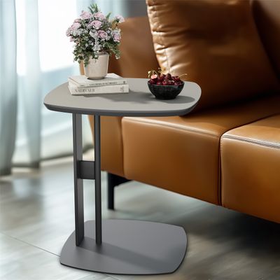 ARTLOGE Beistelltisch aus Sattelleder, Sofatisch Kaffeetisch Betttisch Pflegetisch Laptoptisch, C-Form, 45x50cm, Grau