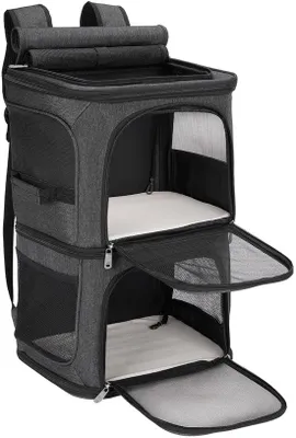 Image de Sac de transport pliable pour 2 chats - Sac de transport pour chats, petits chiens et lapins - Noir, avec tapis amovible et filet respirant