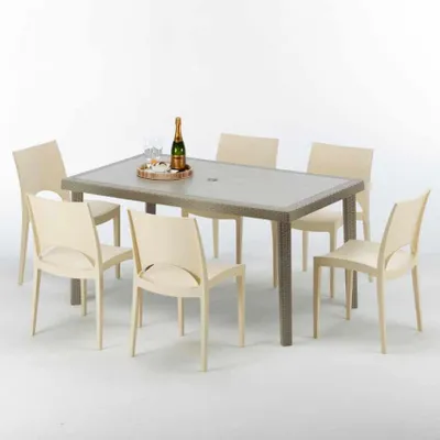 Produktbild von Polyrattan Tisch Rechteckig mit 6 Bunten Stühlen 150x90 Beige Marion