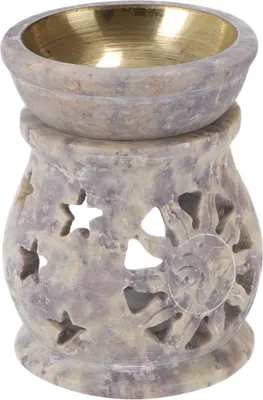 Produktbild von Indische Duftlampe, ätherisches Öl Diffusor, Teelicht Halter für Aromatherapie, Aromalampe aus Speckstein - Rund Sonne & Sterne, Creme-weiß, 8*7*7 cm, Duftlampen & Öllampen
