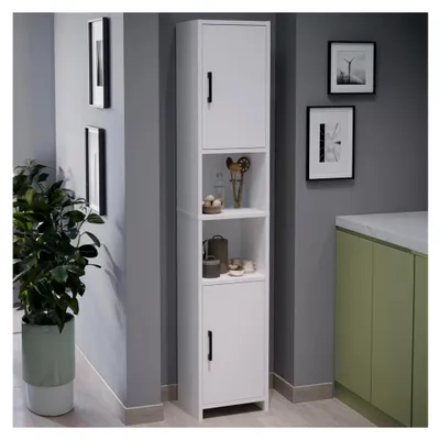 Produktbild von Hochschrank Rautrina Badezimmerschrank mit 2 Türen und 6 Fächern, Badschrank 180 x 35 x 30 cm, Mehrzweckschrank in Weiß