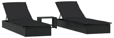 Image de vidaXL Bains de soleil 2 pcs. avec table noir Poly rotin
