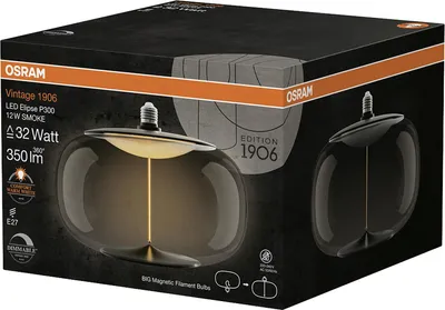 Obrázok produktu pre OSRAM Vintage 1906 Big Elipse je stmievateľná LED žiarovka z plastu s eliptickým vláknom. Ponúka 12 W pre 350 lm, päticu E27, dymový dizajn, priemer 300 mm, CRI 80, 1800 K.