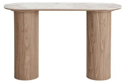 Produktbild von Konsole Athens mit weißer Keramikplatte und gerilltem Holzuntergestell 120x40x78 cm