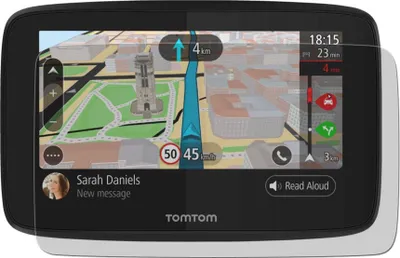 A TomTom GPS device displaying a navigation map with a protective screen overlay.