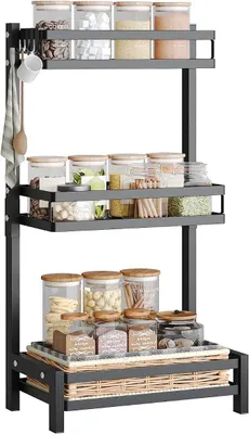 Produktbild von PolkaHome® Gewürzregal 3-stufig, Standregal für Küche, Arbeitsplatte, Gewürzablage mit Haken, Schwarz, 32,5 x 20 x 35 cm