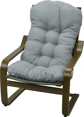 A gray cushion on a wooden chair.