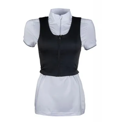 A black protective vest layered over a white short-sleeved shirt, presented on a white background.