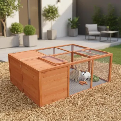 An outdoor wooden rabbit hutch with two rabbits inside, placed on straw in a garden setting.