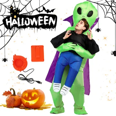 Produktbild von Juksun Alien Kostüm 150-190cm für Erwachsene Polyester grün aufblasbar mit Umhang für Halloween Karneval Party