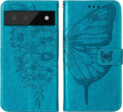 Produktbild von Google Pixel 6 Hülle, Schmetterling Prägung Flip Leder Kartenfächer Schutzhülle Ledertasche mit Ständer für Google Pixel 6 Blau