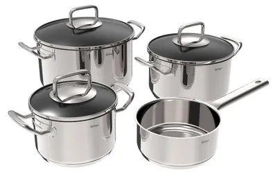 Produktbild von Ein 4-teiliges Kochgeschirr-Set aus Edelstahl, bestehend aus einer 16 cm Pfanne, einem 16 cm Topf, einem 20 cm Topf und einem 24 cm Topf