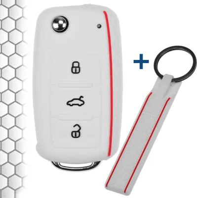 Produktbild von Auto Schlüssel Silikon Schutz Hülle + Schlüsselband im Wabe Design Weiß kompatibel mit VW SEAT Skoda Golf 6 Octavia UP Leon 3 Tasten Klappschlüssel