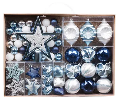 70 Weihnachtskugeln, Blau-Weiß, Plastik, unzerbrechlich, 3-11 cm
