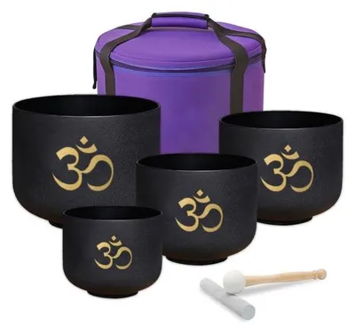 Immagine prodotto di Set di campane tibetane keepdrum OM Pro Nero - Set da 4 chakra con accessori