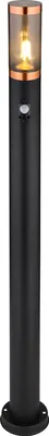 A black bollard light with a copper top and a lit bulb inside, shown against a white background.