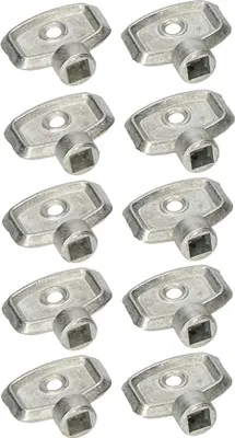 A collection of ten silver radiator bleed keys arranged in two columns.