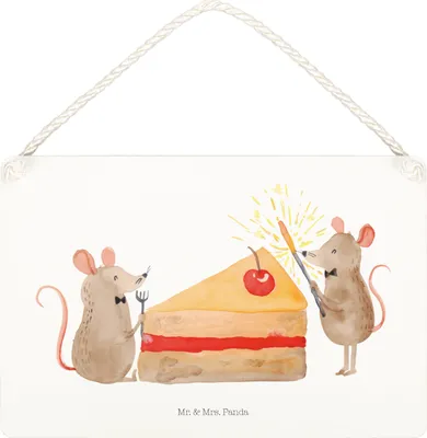 Produktbild von Mr. & Mrs. Panda Schild Mäuse Kuchen DIN A5 - Weiß - Geschenk, Maus, Geburtstagskuchen, kleine aufmerksamkeit, Happy Birthday, Holzschild, Kuchenliebe, holzbild, Hungrig