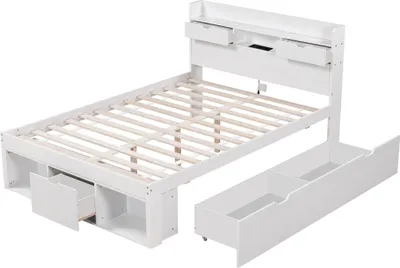 Obrázek produktu pro okwish Multifunkční Manželská postel 160x200 cm Dětská postel s USB portem a šuplíky, dřevěná postel s úložným prostorem, bílá, bez matrace