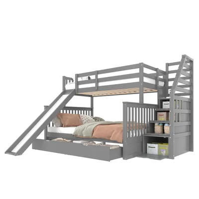 Produktbild von Etagenbett mit 2 Liegeflächen, Lattenrost, Rutsche, Schubladen und Rausfallschutz, 90x200 cm/140x200 cm, Kinderbett