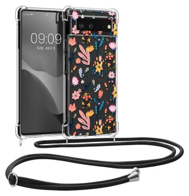 Zdjęcie produktu dla etui z naszyjnikiem kwmobile kompatybilne z Google Pixel 6 Cover - silikonowe etui z łańcuszkiem na telefon komórkowy - różowo-żółta przezroczysta dekoracja kwiatowa