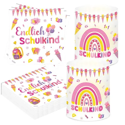 Immagine prodotto di Tovaglioli e candele decorative rosa per la festa di inizio scuola, confezione da 30 pezzi. 10 pezzi di decorazioni per la tavola, adatte a bambine che iniziano la scuola